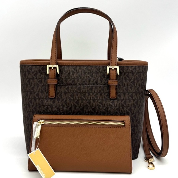 Michael Kors Jet Set Travel Extra-Small Top-Zip lote Bag & Trifold Wallet Brown - Picture 5 of 12
